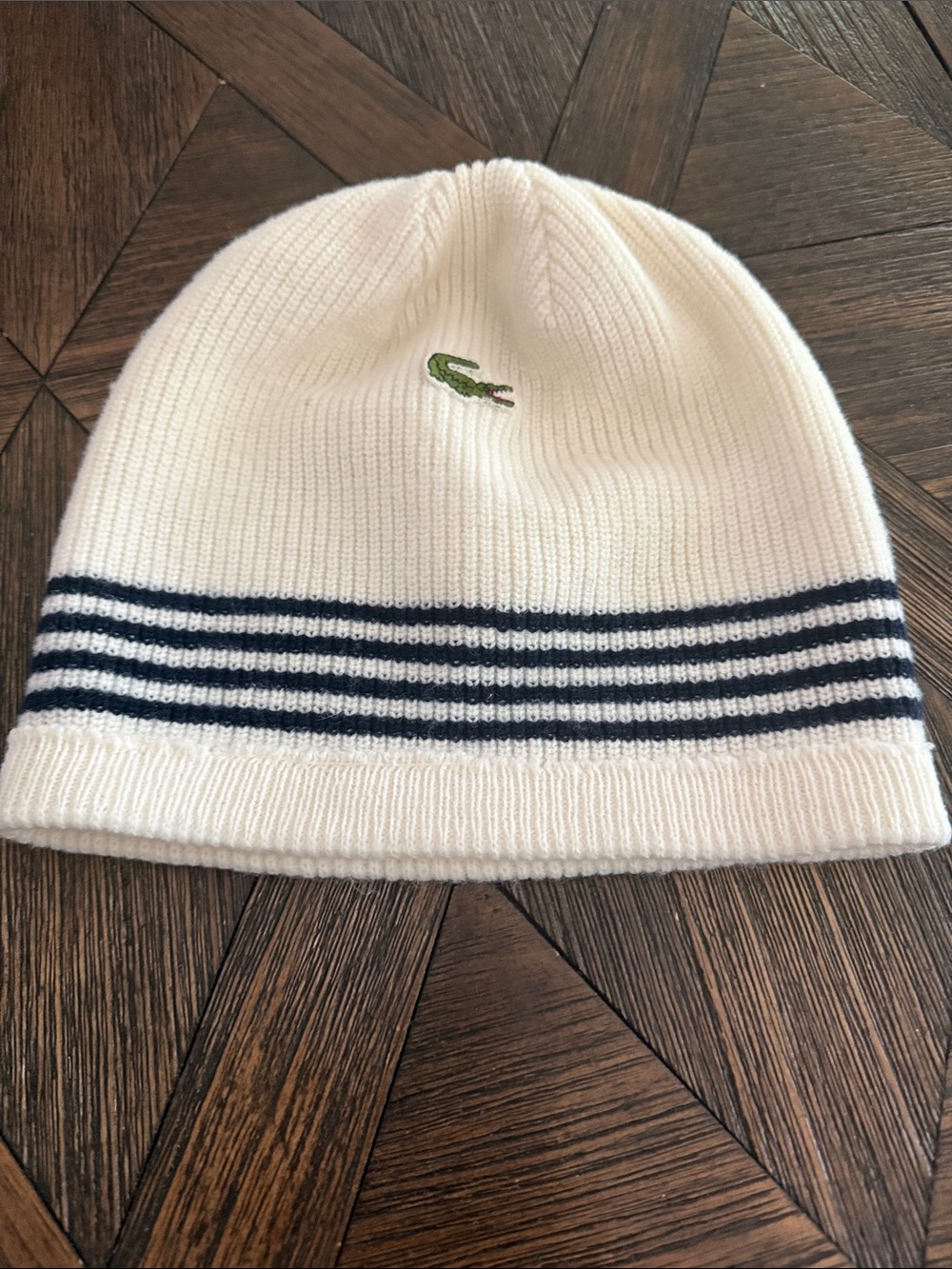 Lacoste Chemise Vintage Off-White Ribbed Beanie Hat France Unisex Crocodile Logo